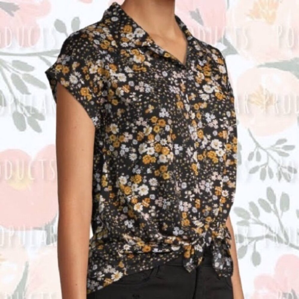 Tie Front Top, Black Floral